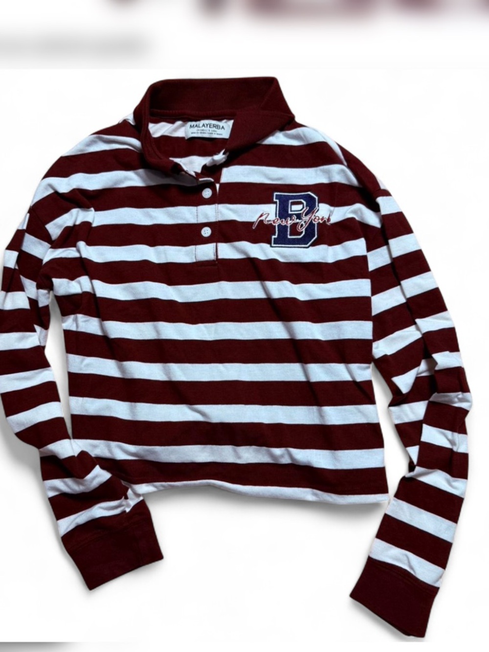 Striped Long-Sleeve Polo Shirt - Burgundy & White, Unbranded